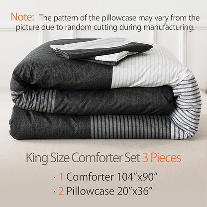 Andency Black Comforter King Size, 3 Pieces Black White Gray Patchwork Striped Comforter (104x90 Inch), Soft Microfiber Down Alternative King Comforter Bedding Sets with Corner Loops