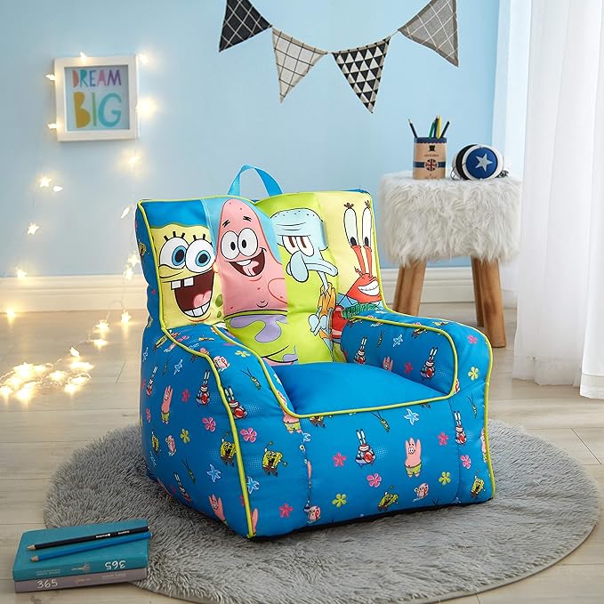 Idea Nuova Nickelodeon Spongebob Squarepants Toddler Nylon Bean Bag Chair with Piping & Top Carry Handle Large
