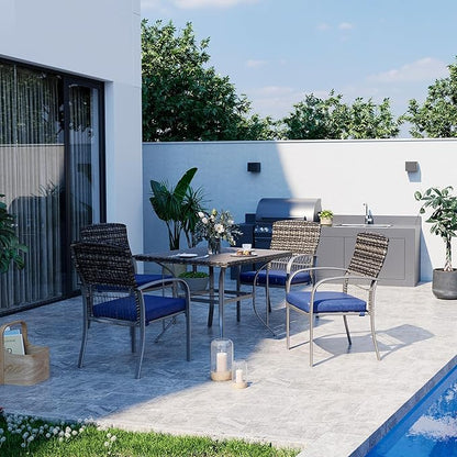 Pamapic Patio Table and Chairs Set, All-Weather Rattan Outdoor Table and Chairs with Removable Waterproof Cushions, Plastic-Wood Patio Dining Set for 4 with Umbrella Hole(Blue)