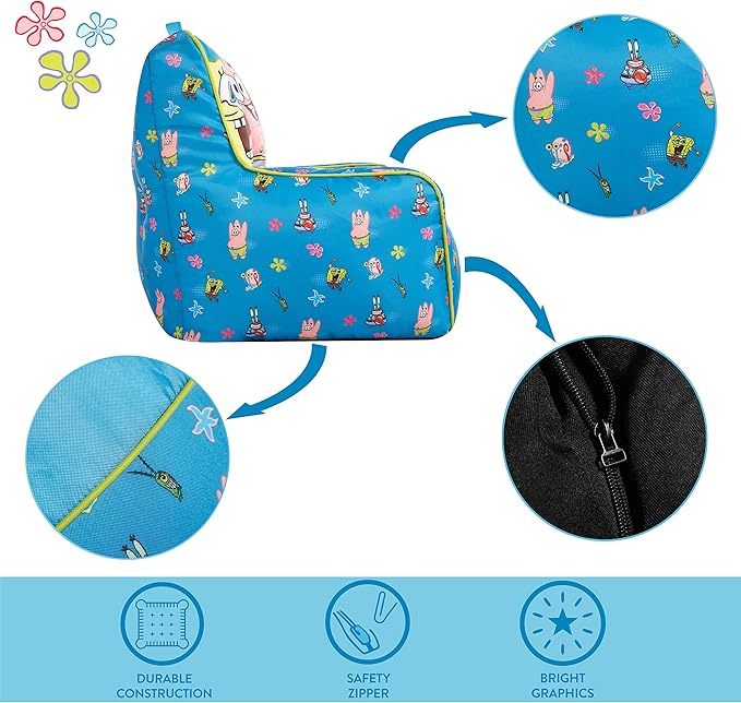 Idea Nuova Nickelodeon Spongebob Squarepants Toddler Nylon Bean Bag Chair with Piping & Top Carry Handle Large