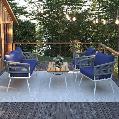 4-Piece, Boho Rope Outdoor Furniture Patio Conversation Sets with Deep Seating & Thick Cushion, Wicker Rattan Chairs Garden Backyard Balcony Porch Poolside loveseat, OneSize, Kb-Navy Blue