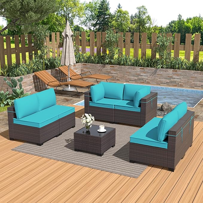 Outdoor Furniture Set 7PCS Patio Furniture for Backyard Wicker Sectional Sofa Set 6 Seats, PE Rattan Outdoor Conversation Set with Thickened Cushions and Glass Coffee Table, Blue