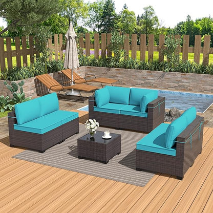 Outdoor Furniture Set 7PCS Patio Furniture for Backyard Wicker Sectional Sofa Set 6 Seats, PE Rattan Outdoor Conversation Set with Thickened Cushions and Glass Coffee Table, Blue