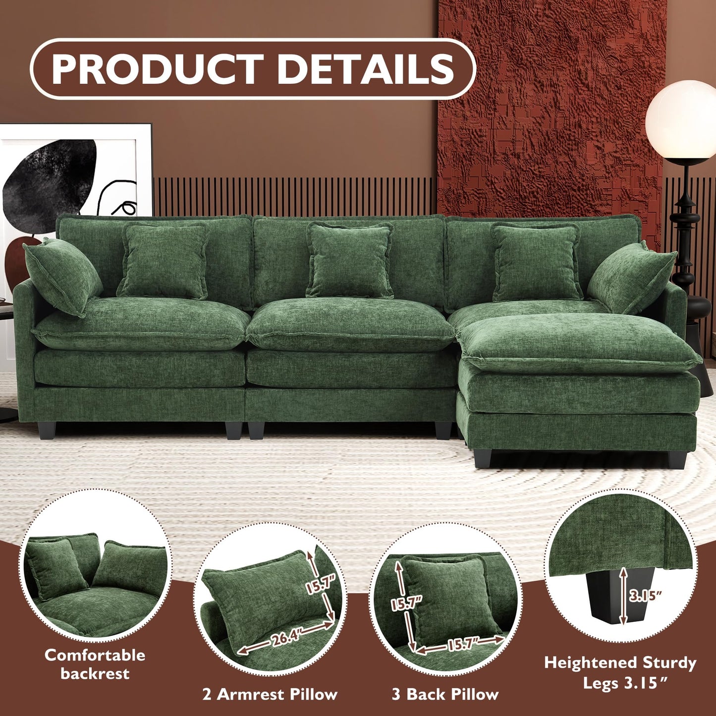 Ihanherry 111.4" L Shaped Modern Sofa Modular Sectional Cloud Couch with Ottoman, 4-Seat Chenille Deep Seat Sofa with Pillow for Living Room, Bedroom and Apartment, Beige