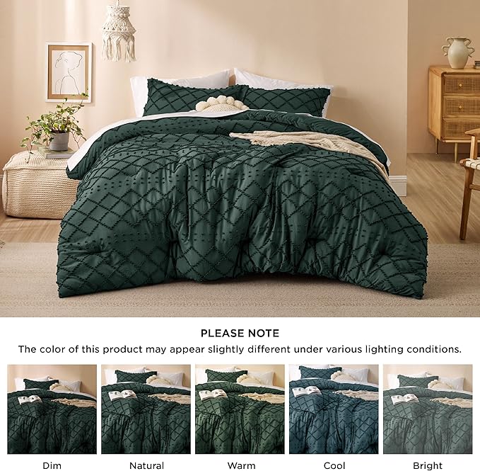 Bedsure Full Size Comforter Set - Dark Emerald Green Comforter, Forest Green Boho Tufted Shabby Chic Bedding Comforter Set, 3 Pieces Vintage Farmhouse Bed Set with 2 Pillow Shams for All Seasons