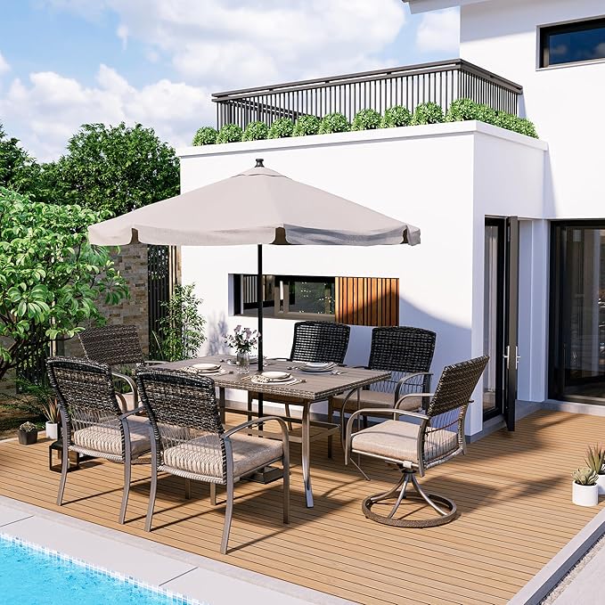 Pamapic 7 Piece Patio Dining Set for 6,Outdoor Wicker Furniture Set for Backyard Garden Deck Poolside with 4 Dining Chairs and 2 Swivel Rockers,Iron Slats Table Top, Removable Cushions(Beige)