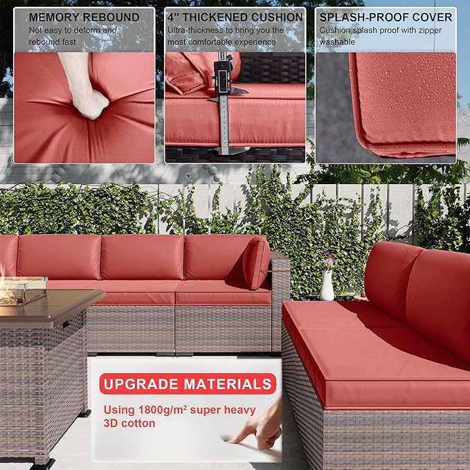 Kullavik 13PCS Outdoor Patio Furniture Set,PE Wicker Rattan Sectional Sofa Patio Conversation Sets with 43" 55000BTU Gas Propane Fire Pit Table,Swivel Rocking Chairs Set,Dark Red