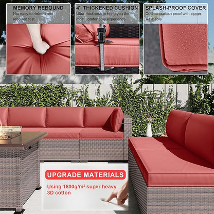 Kullavik 13PCS Outdoor Patio Furniture Set,PE Wicker Rattan Sectional Sofa Patio Conversation Sets with 43" 55000BTU Gas Propane Fire Pit Table,Swivel Rocking Chairs Set,Dark Red