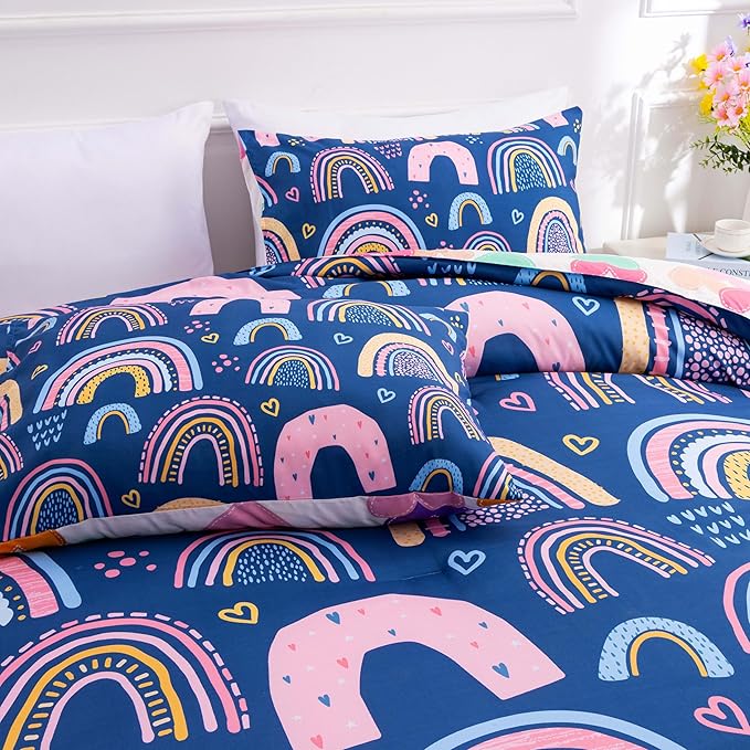 Btargot Lightweight Soft 3 Piece Rainbow Comforter Set with 2 Pillow Covers, Cartoon Love Hearts Suns and Stars Bedding Set for Girls Boys Kids, Twin Dark Blue