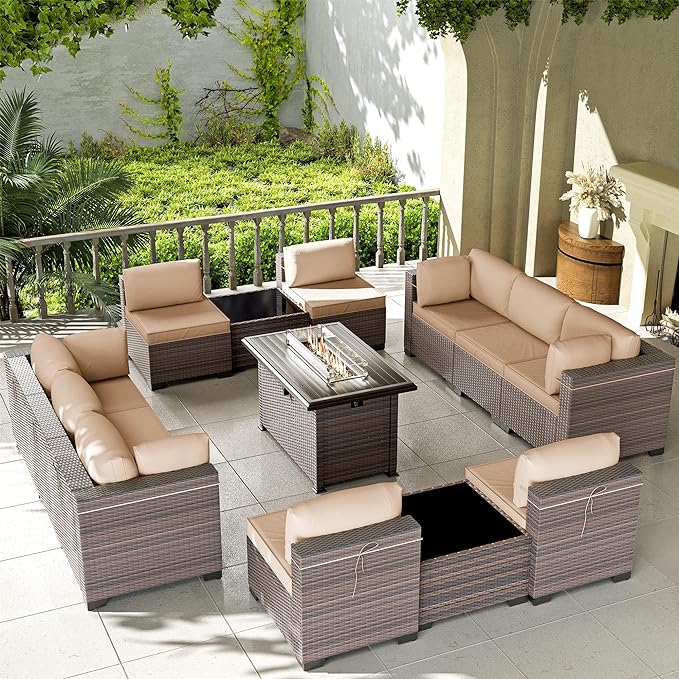 Kullavik 13PCS Outdoor Patio Furniture Set with 43" 55000BTU Gas Propane Fire Pit Table PE Wicker Rattan Sectional Sofa Patio Conversation Sets,Khaki