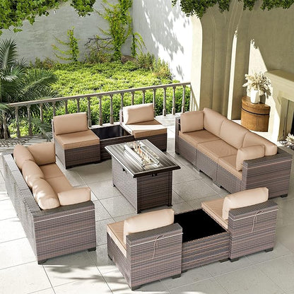 Kullavik 13PCS Outdoor Patio Furniture Set with 43" 55000BTU Gas Propane Fire Pit Table PE Wicker Rattan Sectional Sofa Patio Conversation Sets,Khaki