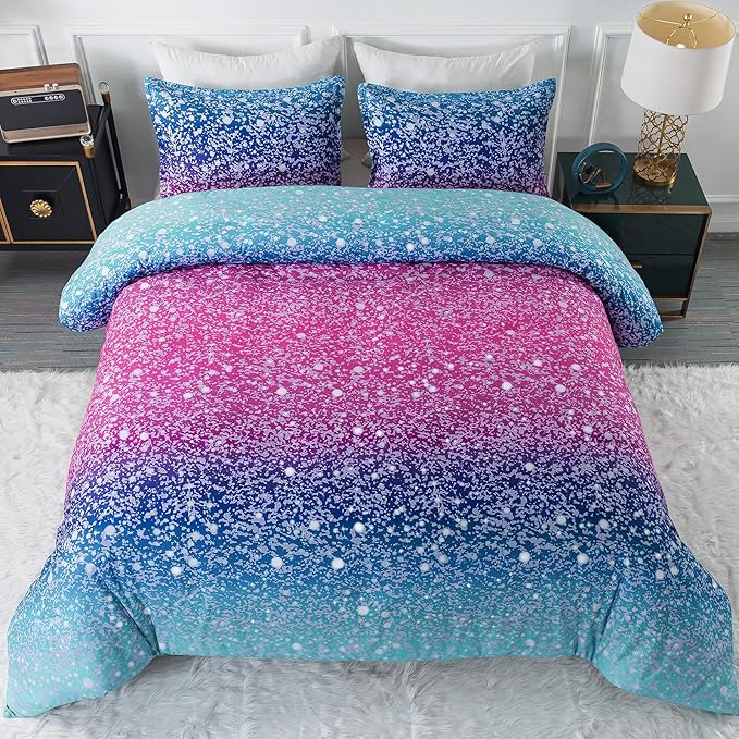 Litanika Galaxy Comforter Full(79x90lnch), 3 Pieces(1 Blue Glitter Ombre Comforter, 2 Pillowcases), 3D Colorful Rainbow Bedding Set, Microfiber Comforter Set for Kid Boy Girl Teen