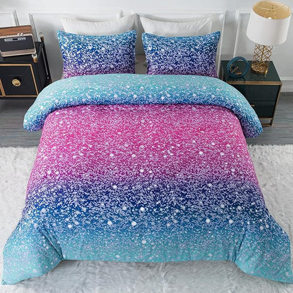 Litanika Galaxy Comforter Twin(66x90lnch), 3 Pieces(1 Blue Glitter Ombre Comforter, 2 Pillowcases), 3D Colorful Rainbow Bedding Set, Microfiber Comforter Set for Kid Boy Girl Teen