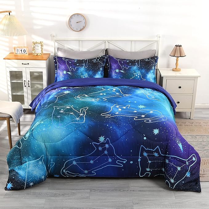 Wowelife Galaxy Bedding Twin Comforter Set for Boys and Girls 5 Pieces Cat Galaxy Comforter Set Outer Space Twin Bedding Set with Sheets Comfortable and Breathable for Kids