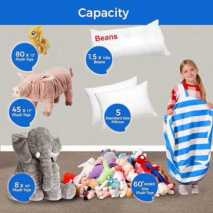 Aubliss Stuffed Animal Bean Bag Storage Chair (Blue/White Striped, Medium (32''))