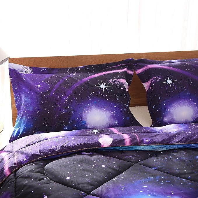 Wowelife Galaxy Comforter Set Full 5 Pieces Galaxy Bedding Set Blue 3D Galaxy Kids Bedding Set Bed in a Bag for Boys and Girls with Comforter, Flat Sheet, Fitted Sheet and 2 Pillowcases