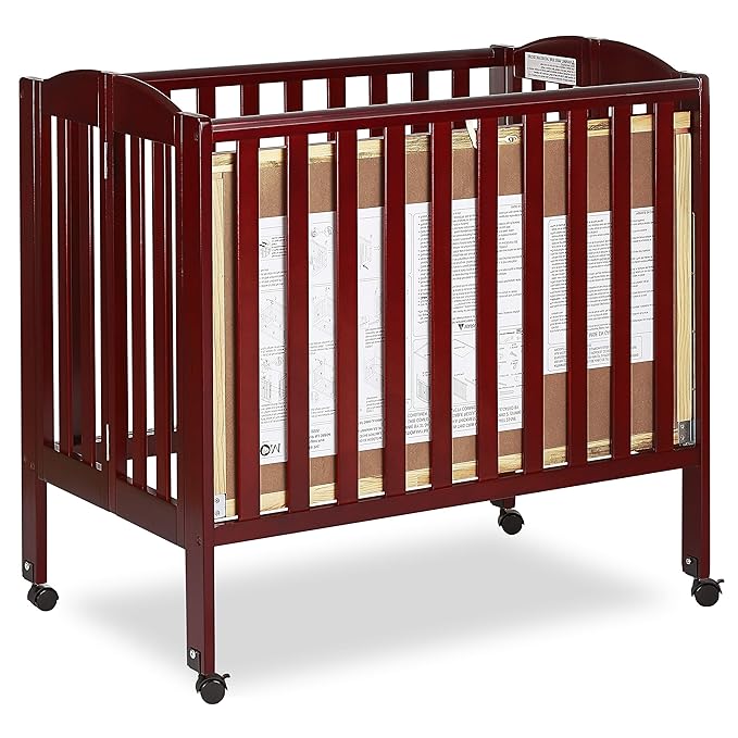 Dream On Me 3 in 1 Portable Folding Stationary Side Crib in Cherry, Greenguard Gold Certified, Safety Wheel with Locking Casters, Convertible, 3 Mattress Heights