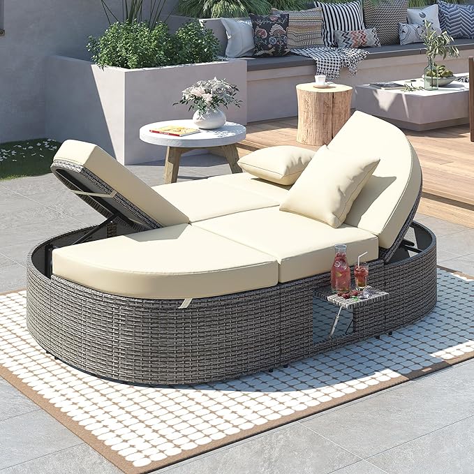 Outdoor DayBed Patio 2-Person Rattan Sun Bed Reclining Chaise Lounge with Adjustable Backrests, Foldable Cup Trays and Pillows, for Lawn,Poolside, Beige