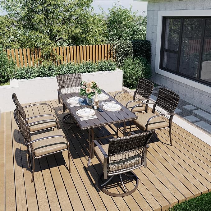 Pamapic 7 Piece Outdoor Dining Set, Rattan Outdoor Patio Furniture Set for Backyard with Iron Outdoor Dining Table, 4 Swivel Deck Chairs, 2 Wicker Chairs and Removable Cushions (Beige)