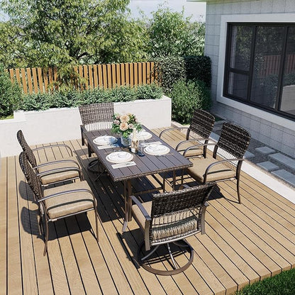 Pamapic 7 Piece Outdoor Dining Set, Rattan Outdoor Patio Furniture Set for Backyard with Iron Outdoor Dining Table, 4 Swivel Deck Chairs, 2 Wicker Chairs and Removable Cushions (Beige)