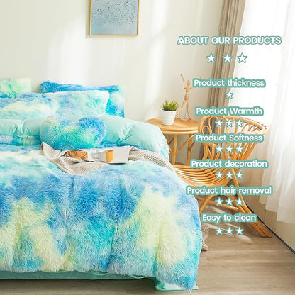 Tie dye Plush Fluffy Comforter Cover Set Queen - Ultra Soft Faux Fur tie dye Bedding Sets 3 Pieces (1 Shaggy Duvet Cover + 2 Pillow case) Fluffy Bed Set (Tie Dye Mint, Queen)