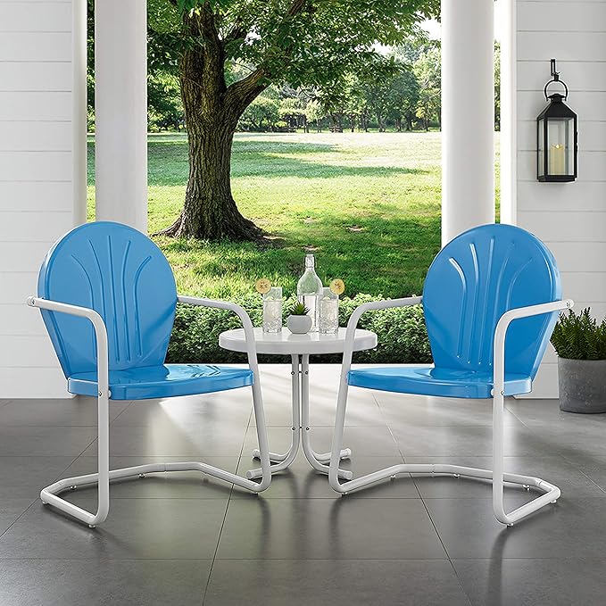 Crosley Furniture KO10004BL Griffith 3-Piece Retro Metal Outdoor Seating Set with Table and 2 Chairs, Sky Blue