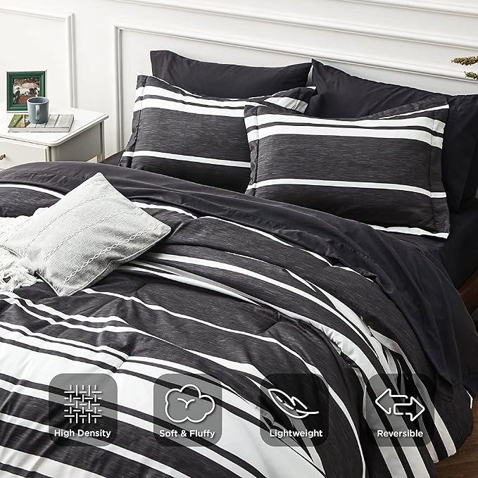 Bedsure Bed in a Bag Queen 7 Pieces, Black White Striped Bedding Comforter Sets All Season Bed Set, 2 Pillow Shams, Flat Sheet, Fitted Sheet and 2 Pillowcases