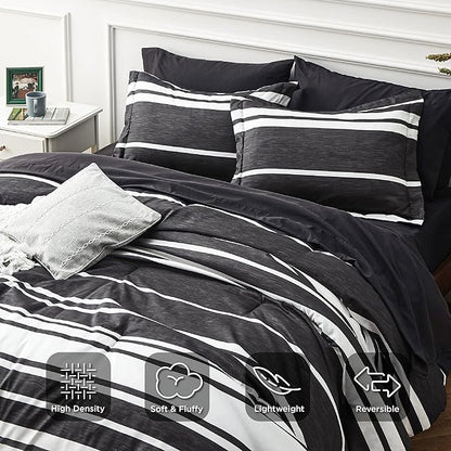 Bedsure Bed in a Bag Queen 7 Pieces, Black White Striped Bedding Comforter Sets All Season Bed Set, 2 Pillow Shams, Flat Sheet, Fitted Sheet and 2 Pillowcases
