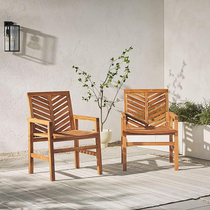 Walker Edison 2 Piece Outdoor Patio Chevron Wood Chair Set All Weather Backyard Conversation Garden Poolside Balcony, Set of 2, Brown