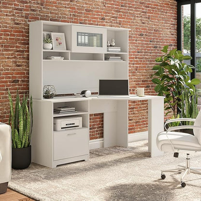 Bush Furniture Cabot 60W Corner Desk with Hutch in White