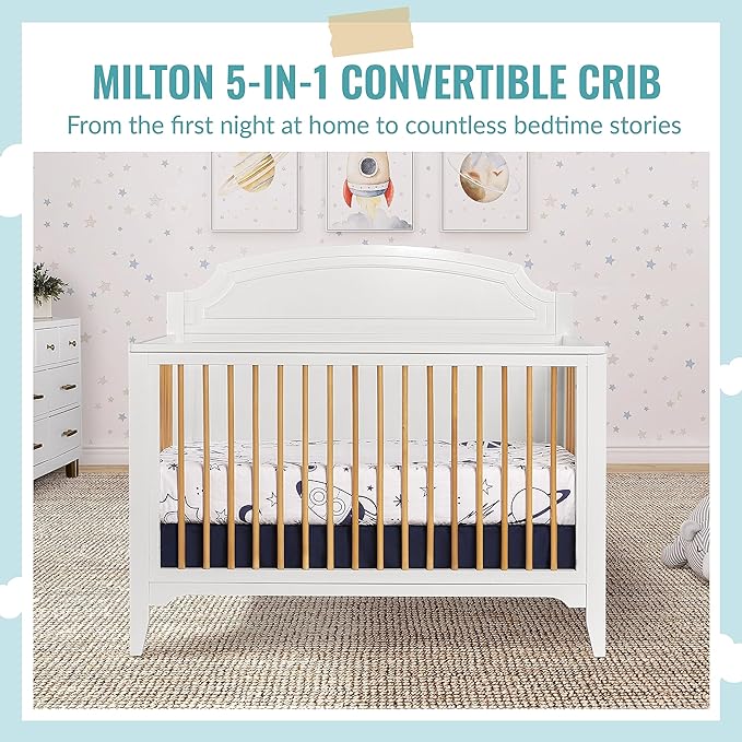 JPMA & Greenguard Gold Certified Milton 5-in-1 Convertible Crib Made with Sustainable New Zealand Pinewood in White and Natural, Non-Toxic Finish