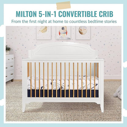JPMA & Greenguard Gold Certified Milton 5-in-1 Convertible Crib Made with Sustainable New Zealand Pinewood in White and Natural, Non-Toxic Finish