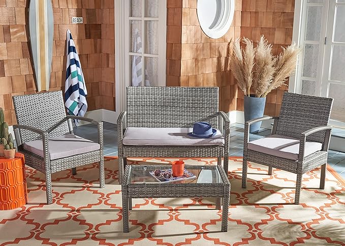 Safavieh PAT7507B Collection Bassey Grey 4-Piece Outdoor Living Patio Set