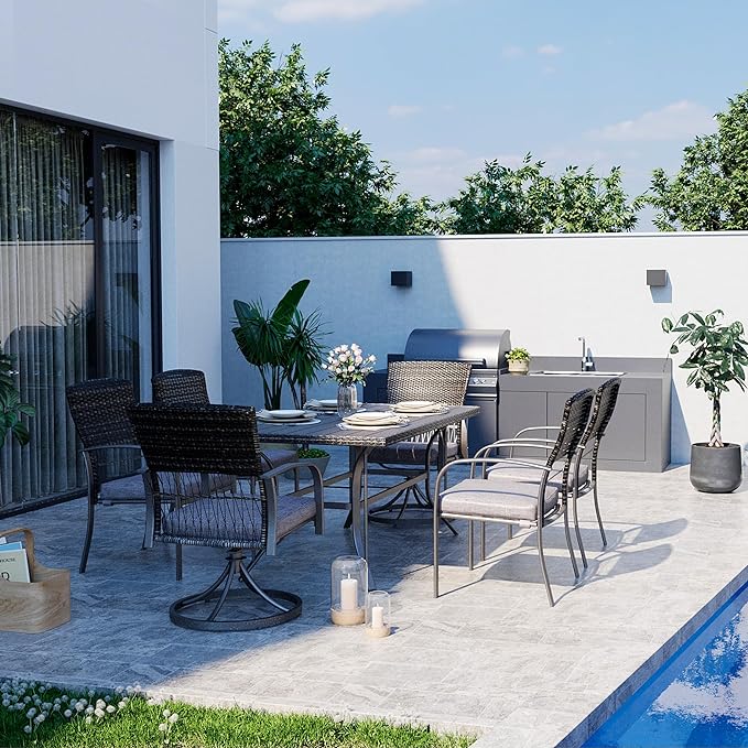 Pamapic 7 Piece Patio Dining Set for 6,Outdoor Wicker Furniture Set for Backyard Garden Deck Poolside with 4 Dining Chairs and 2 Swivel Rockers,Iron Slats Table Top, Removable Cushions(Gray)