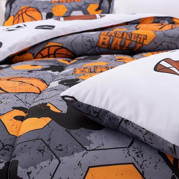 Btargot 3 Piece Grey Geometric Basketball Comforter Set Twin for Boys Teens, 3D Sports Bedding,Soft Microfiber Reversible Quilt with 2 Matching Pillow Shams, Yellow