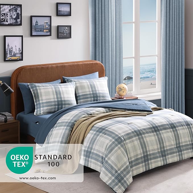 Blue King Size Comforter Set, Plaid King Bed Sets for Boys & Girls,Classic Homestead-Style King Sized Comforter Bedding Set with Sheets and Comforter Sets