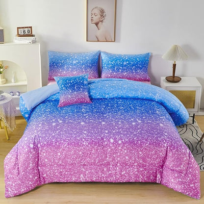 RYNGHIPY 6Pcs Sparkle Gradient Glitter Comforter Sets, Ombre Indigo Pink Gradient Bedding Set for Boys Girls, Rainbow Bed in A Bag Full Size