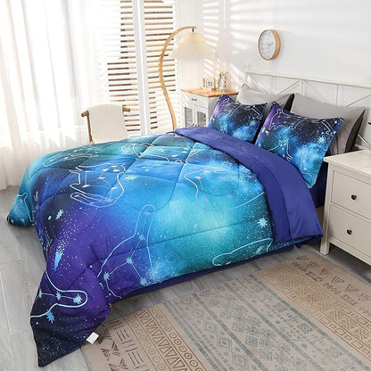 Wowelife Galaxy Bedding Set Full Size 5 Pieces Galaxy Space Comforter Set Blue 3D Galaxy Kids Comforter Sets Lightweight with Comforter, Flat Sheet, Fitted Sheet and 2 Pillowcases