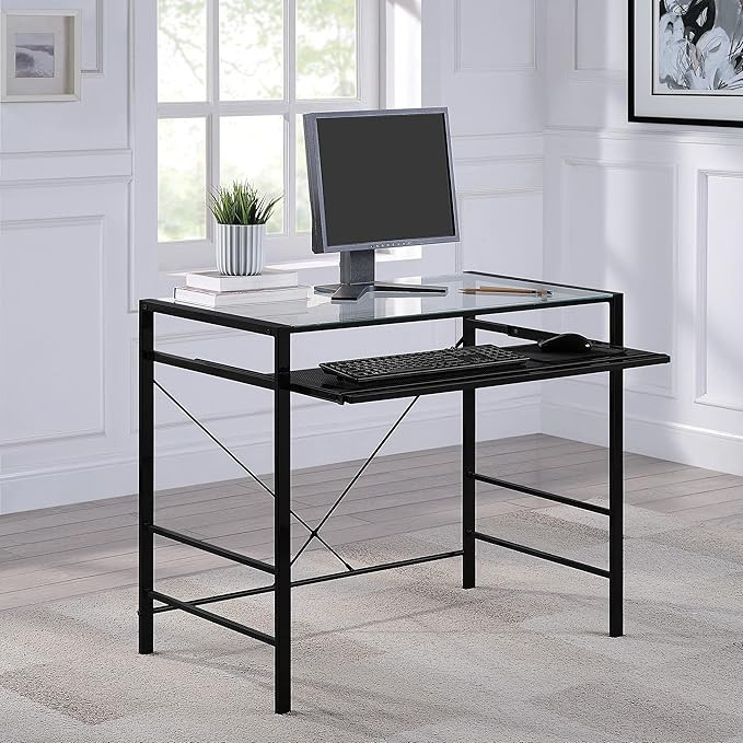 OSP Home Furnishings Zephyr Computer Desk with Keyboard Shelf and Tempered Glass Top, Clear Glass and Black Frame, 36" W x 20" D x 30.25" H