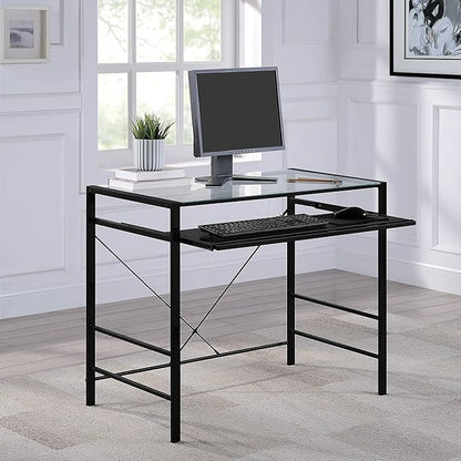OSP Home Furnishings Zephyr Computer Desk with Keyboard Shelf and Tempered Glass Top, Clear Glass and Black Frame, 36" W x 20" D x 30.25" H