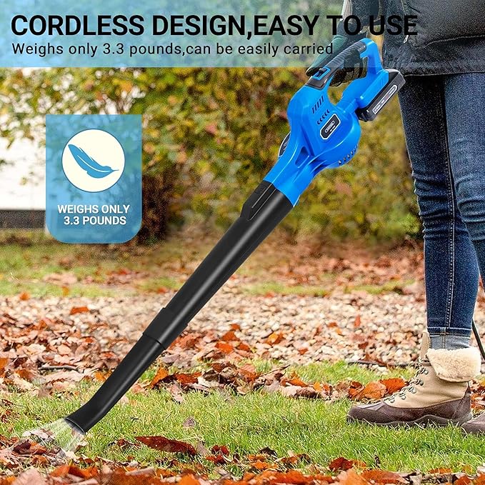 20V Cordless Leaf Blower with Battery and Charger, Leaf Blower Battery Operated, Rechargeable Electric Handheld Leaf Blowers Variable Speed with 2 Tubes for Patio, Leaves Blowing-Blue