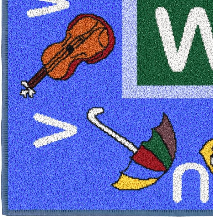 Machine Washable Educational Alphabet Design Non-Slip Rubberback 3x5 Kid's Area Rug for Playroom, Kid's Room, Bedroom, Kindergarten, 3'3" x 5', Blue
