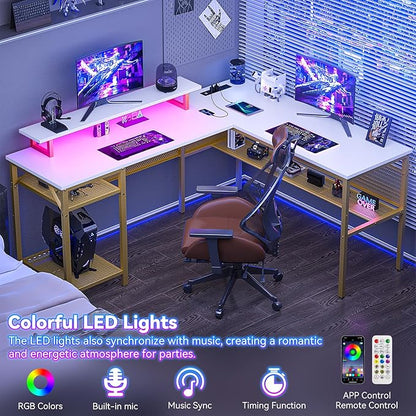 Reversible L Shaped Computer Desk with Power Outlet & Monitor Stand, 55 Inch Office Desk with RGB LED Light, Sturdy Corner Desk with Storage Shelf, Gaming Table, Easy to Assemble, White
