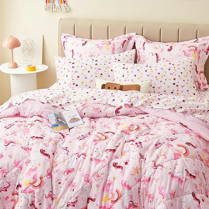 Twin Unicorn Kids Bedding Set for Girls, 5 Pieces Super Soft Lightweight Microfiber Comforter Set with Sheets, Bed in a Bag, Durable Children Bed Set