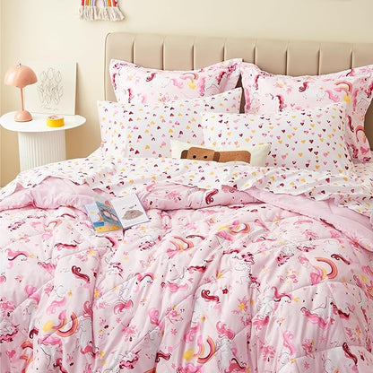 Twin Unicorn Kids Bedding Set for Girls, 5 Pieces Super Soft Lightweight Microfiber Comforter Set with Sheets, Bed in a Bag, Durable Children Bed Set
