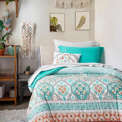 Degrees of Comfort Bed in a Bag Twin XL, Boho Medallion Comforter Sets for College, Microfiber 6 Pieces Bedding Set with Sheet, Matching Decorative Pillow, Aqua