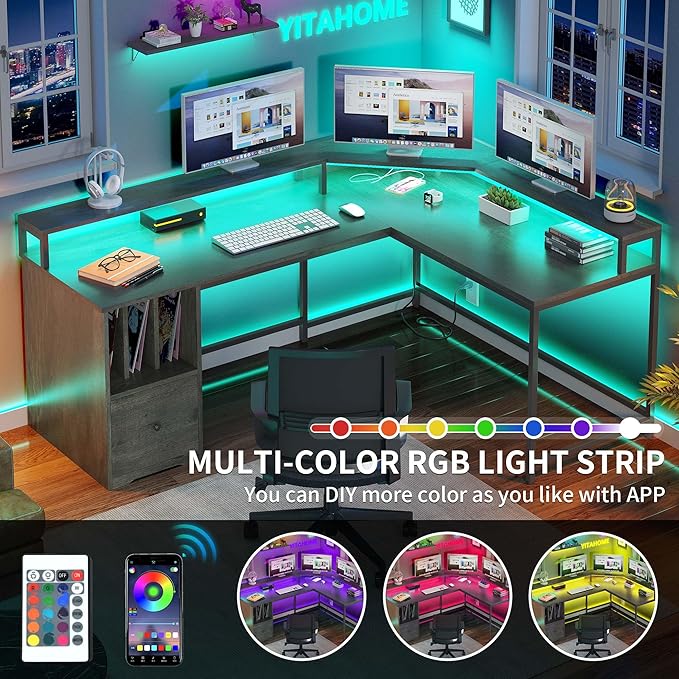 YITAHOME L Shaped Desk with Power Outlets & LED Lights, 67" Computer Desk with File Drawer, Corner Desk Home Office Desk with Monitor Stand & 3 Cubbies Storage Shelves, Grey