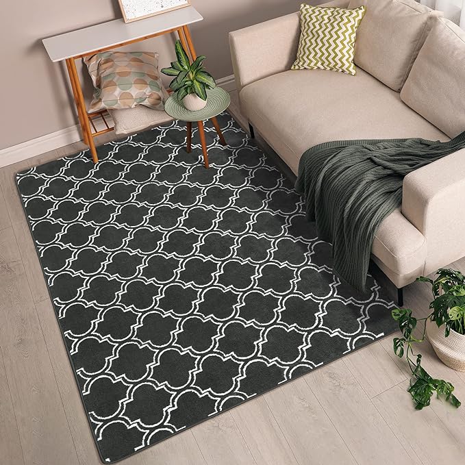 Chicrug Shag Geometric Modern Area Rug for Bedroom, 3x5 Feet Memory Foam Indoor Carpet, Fluffy Rug for Living room Bedside Room Decor for Family Girls Kids Nursery Play Mat, Dark Grey/White