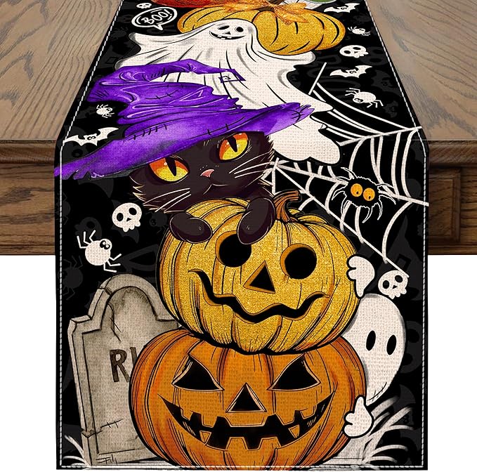 Halloween Table Runner 108 Inches Long Pumpkin Black Cat Halloween Table Runners Happy Halloween Boo Ghost Theme Decor for Kitchen Dining Table Home Party Decorations