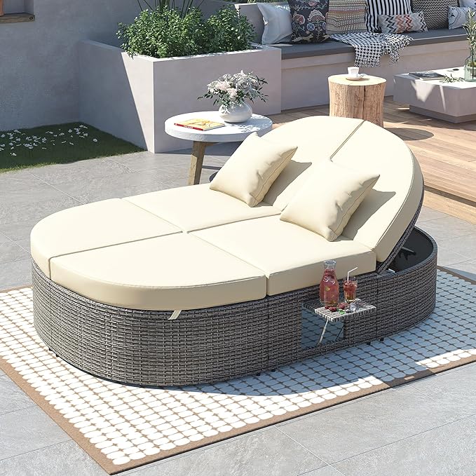 Outdoor DayBed Patio 2-Person Rattan Sun Bed Reclining Chaise Lounge with Adjustable Backrests, Foldable Cup Trays and Pillows, for Lawn,Poolside, Beige
